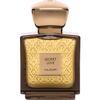 Majouri Secret Love perfume, 75 ml, in a square amber bottle with gold cap and embossed geometric pattern.
