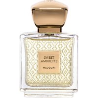 Majouri Sweet Ambrette perfume, 75 ml, in a clear bottle with gold cap and intricate geometric pattern.
