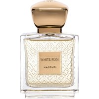 Clear glass Majouri White Rose perfume bottle, 75 ml, with gold cap and textured geometric pattern.