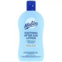 Light blue Malibu Soothing Aftersun Lotion bottle, 400ml, with blue cap and bold logo.