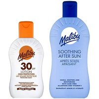 White Malibu SPF30 lotion with orange cap and blue Malibu soothing after sun with blue cap.