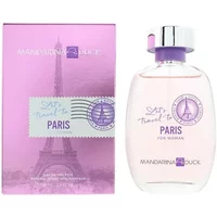 Mandarina Duck Let's Travel To Paris For Woman Eau De Toilette 100ml, clear bottle with purple cap and Paris-themed box.