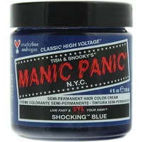 Blue jar of Manic Panic Classic High Voltage Semi-Permanent Hair Colour Cream, labeled "Shocking Blue."