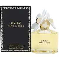 Marc Jacobs Daisy Eau De Toilette 100ml with floral cap, clear bottle, and black box adorned with white daisies.