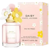 Pink Marc Jacobs Daisy Eau So Fresh 30ml bottle with floral cap, next to matching pink and yellow box.