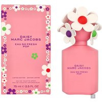 Pink Marc Jacobs perfume bottle with floral cap, next to matching pink box with colorful flower designs.