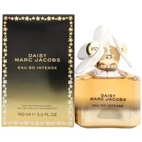 Marc Jacobs Daisy Eau So Intense 100ml perfume with gold cap, white flower accents, and black box with gold floral design.