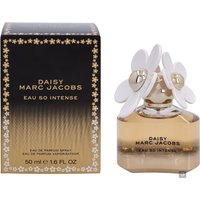 Gold and black Marc Jacobs Daisy Eau So Intense perfume bottle with white flower cap, 50ml.