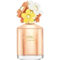 Peach-colored Marc Jacobs Daisy Ever So Fresh perfume bottle with floral cap in orange, yellow, and white.