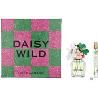 Marc Jacobs Daisy Gift Set with pink and green checkered box, floral perfume bottle, and travel spray.