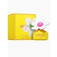 Yellow Marc Jacobs Daisy Love Glow perfume bottle with white flower cap and pink center, next to matching yellow box.