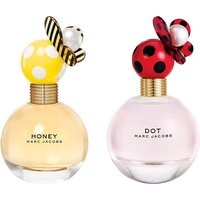 Marc Jacobs Honey & Dot perfume set, yellow and red polka dot bottles with decorative caps, 100ml each.