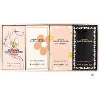 Marc Jacobs Miniature Set with four colorful perfume bottles in a rectangular box, featuring floral and graphic designs.