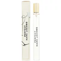 Clear glass bottle with gold cap, labeled "Perfect Marc Jacobs" beside matching white box with black text.