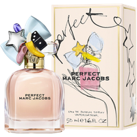 Marc Jacobs Perfect Eau de Parfum 50 ml, clear bottle with colorful cap, next to illustrated box.