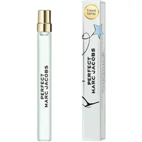 Clear glass Marc Jacobs Perfect Eau De Toilette 10ml with gold cap, alongside white box with playful design.