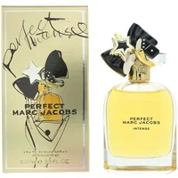 Marc Jacobs Perfect Intense Eau De Parfum 100ml with gold cap, black and white bow, and gold box with artistic design.