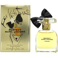 Marc Jacobs Perfect Intense Eau De Parfum 30ml, clear bottle with gold cap and black bow, gold packaging.