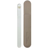 Clear crystal nail file with a beige textured cover, featuring the Margaret Dabbs logo in gold.