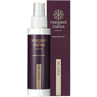 Margaret Dabbs London foot oil in purple bottle with gold accents, 100ml, next to matching box.