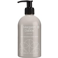 Cream-colored pump bottle of Margaret Dabbs PURE Repairing Hand Cream, 300ml, with elegant logo and text.