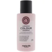 Maria Nila Luminous Colour Shampoo 100ml in a pastel pink bottle with black cap and circular logo.