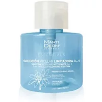 Blue bottle of Martiderm 3-in-1 Micellar Cleansing Solution with white cap and Edelweiss illustration.