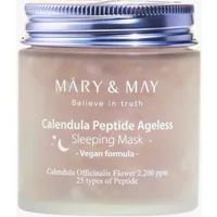 Mary & May Calendula Peptide Ageless Sleeping Mask in a frosted jar with a metallic purple lid, 110g.