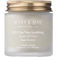 Mary & May Cica Tea Tree Soothing Wash Off Pack in a frosted jar with a gold lid, 125g.