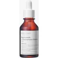 Amber dropper bottle of Mary & May Niacinamide + Chaenomeles Sinensis Serum, white label with black text.
