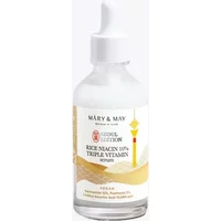 Clear glass bottle with white dropper, labeled "Mary & May Rice Niacin 10% Triple Vitamin Serum 80ml" with gold accents.