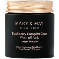 Black jar of Mary & May Vegan Blackberry Complex Glow Wash Off Pack with gold lid and white text.