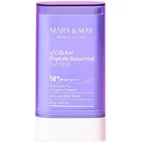 Purple Mary & May sun stick with SPF 50+, labeled "Vegan Peptide Bakuchiol," in a sleek, cylindrical container.