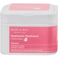 White square jar with pink label, Mary & May Hyaluronic Panthenol Hydra Mask, 30 pcs, hydration-focused skincare.