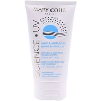 Mary Cohr New Youth Sun Body Lotion 150ml, white tube with blue and black text, featuring sun and wave graphic.