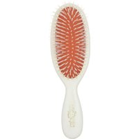 Ivory Mason Pearson Pocket Nylon N4 hairbrush with red cushion and white bristles.