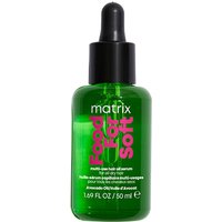 Green bottle of Matrix Food for Soft Hair Oil with black dropper cap, pink text, 50ml.