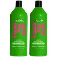 Green Matrix shampoo bottles with pink "Food For Soft" text, black caps, 1000ml size, for dry hair.