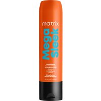 Orange Matrix Total Results Mega Sleek Conditioner bottle with black cap, blue text for frizzy hair, 300ml.