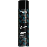 Matrix VaVoom Freeze Spray in black can with geometric pattern and bold white text.