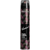 Matrix VaVoom Triple Freeze Hairspray in black can with pink geometric pattern and black cap.