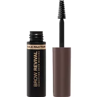 Max Factor Brow Revival Densifying Brow Mascara in Black Brown with a black tube and brown cap, featuring a spoolie brush.