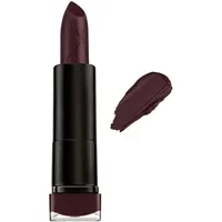 Matte lipstick in deep raisin shade with black casing and swatch beside it.