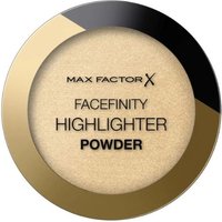 Max Factor Facefinity Highlighter Powder 002 Golden Hour in a round gold and black compact with clear lid.