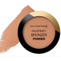 Max Factor Facefinity Matte Bronzer Powder 001 Light Bronze, round compact with black and gold rim, swatch beside.