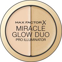 Max Factor Miracle Glow Duo Highlighter 8g, round compact with two shades, beige and gold, in a gold-rimmed case.