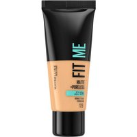 Black tube of Maybelline Fit Me Matte & Poreless Foundation, 128 Warm Nude, with teal and white text, 30 ml size.