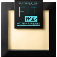Black square compact of Maybelline Fit Me Matte & Poreless Powder 115 Ivory with transparent window.