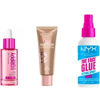 Maybelline pink serum dropper, L'Oréal bronze tube, NYX white spray bottle with pink cap and blue label.