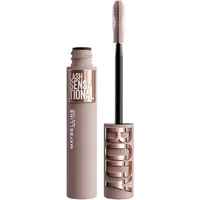 Maybelline Lash Sensational Body Washable Mascara Black, rose gold tube with curved brush wand.
